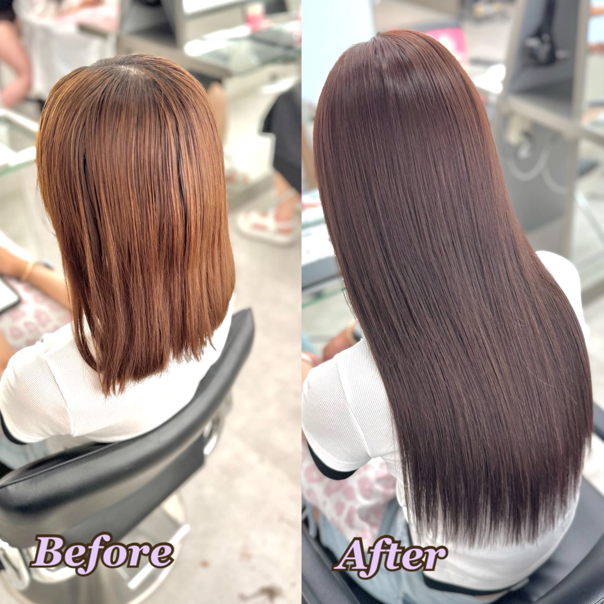 # 横浜でピンクグレージュの長さ出し｜羽エクステンションで自然なロングヘアへ